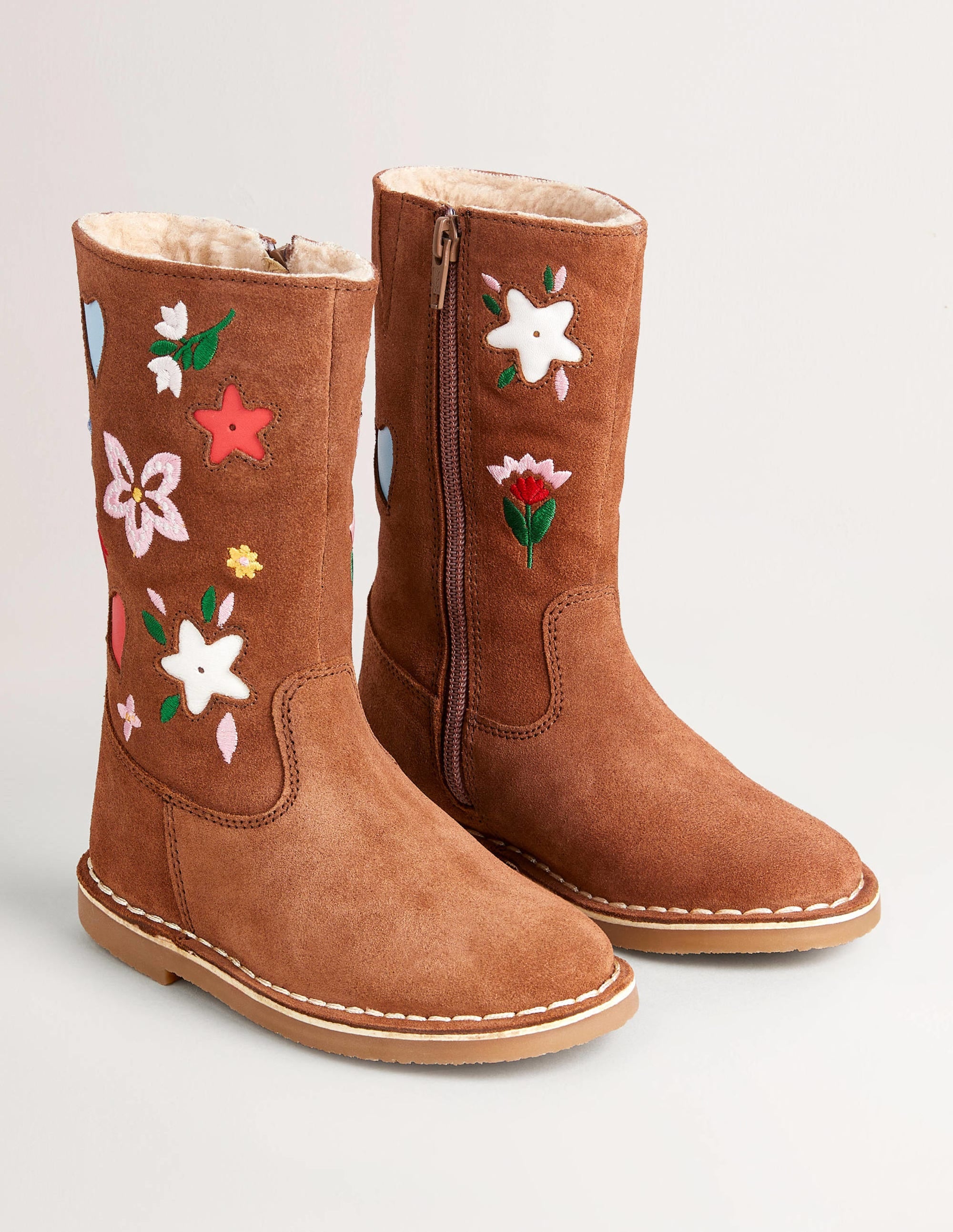 Bottes montantes en daim-Daim fauve brodé - Image 2