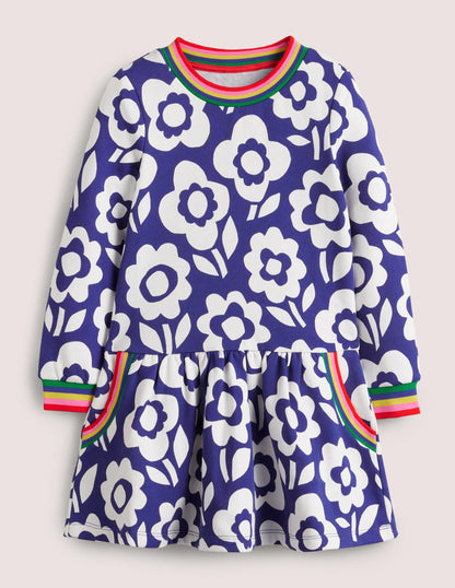 Gemütliches Sweatshirt-Kleid mit Muster-Stahlblau/Weiß, Blumenmuster/Regenbogen