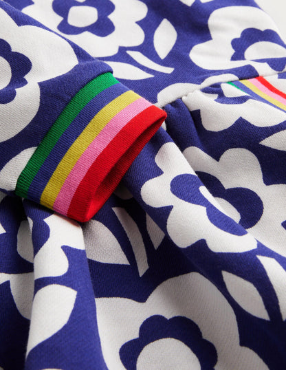 Gemütliches Sweatshirt-Kleid mit Muster-Stahlblau/Weiß, Blumenmuster/Regenbogen