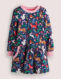 Robe-sweat cosy à imprimé-Toile festive bleu marine universitaire