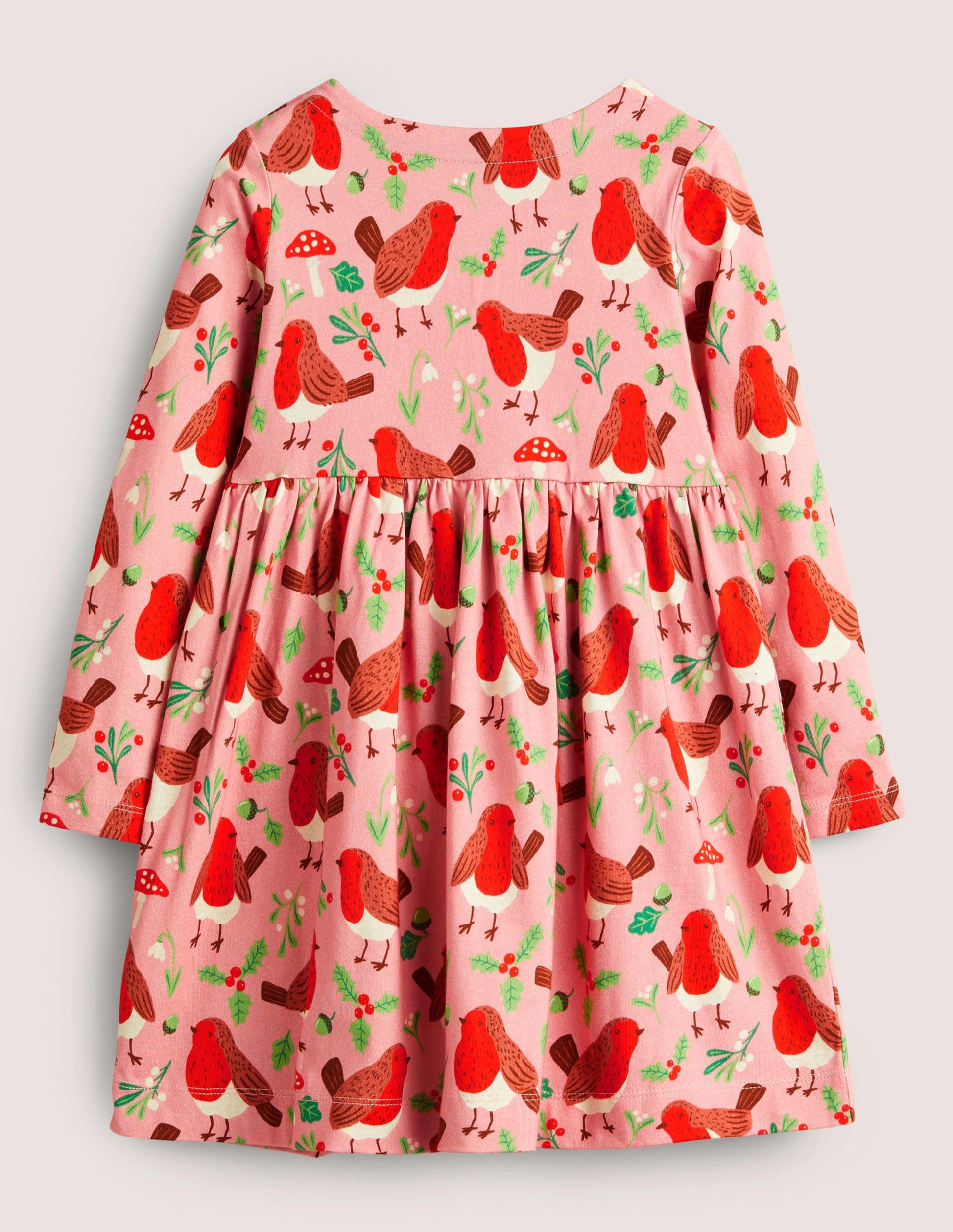 Long Sleeve Fun Jersey Dress-Formica Pink Festive Robins-2