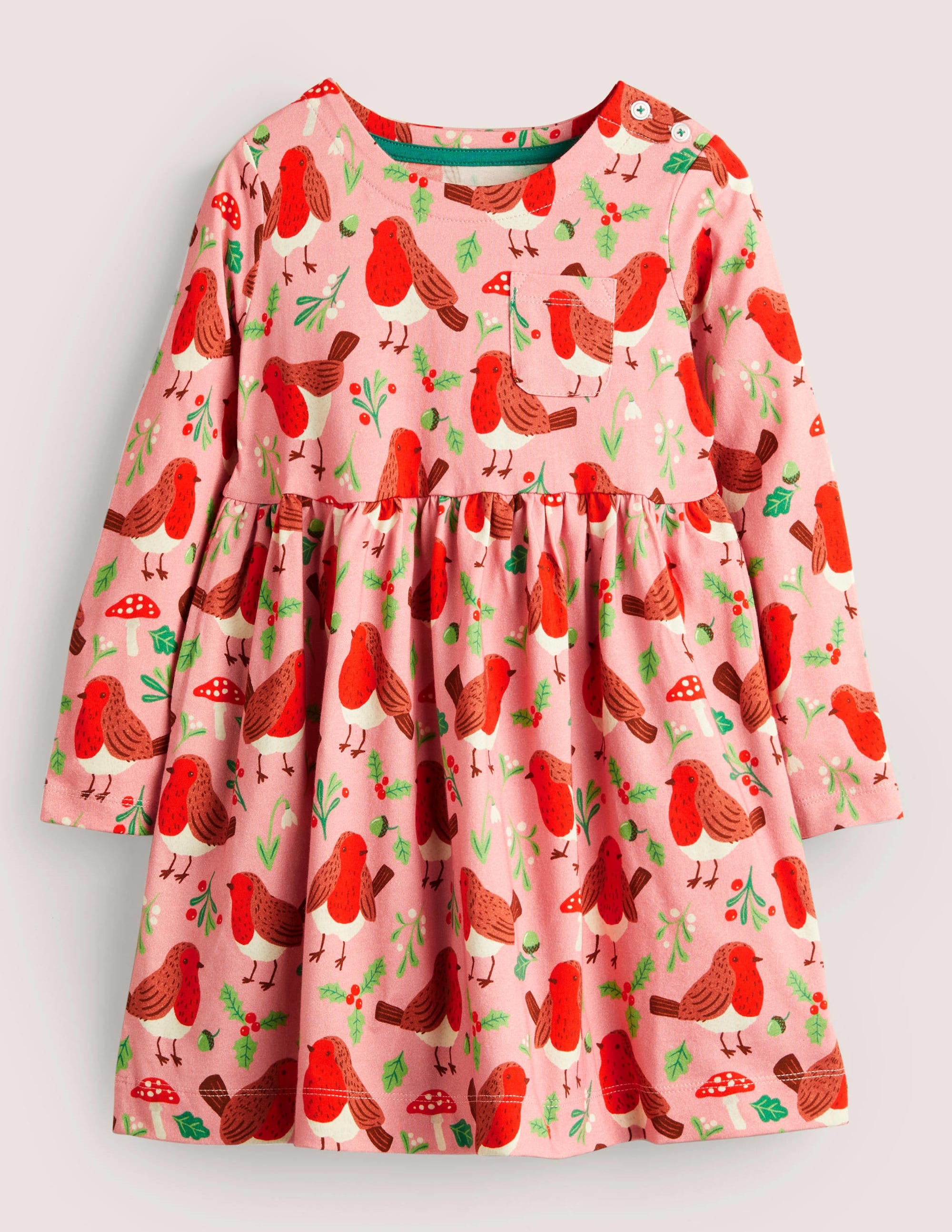 Long Sleeve Fun Jersey Dress-Formica Pink Festive Robins - Image 1