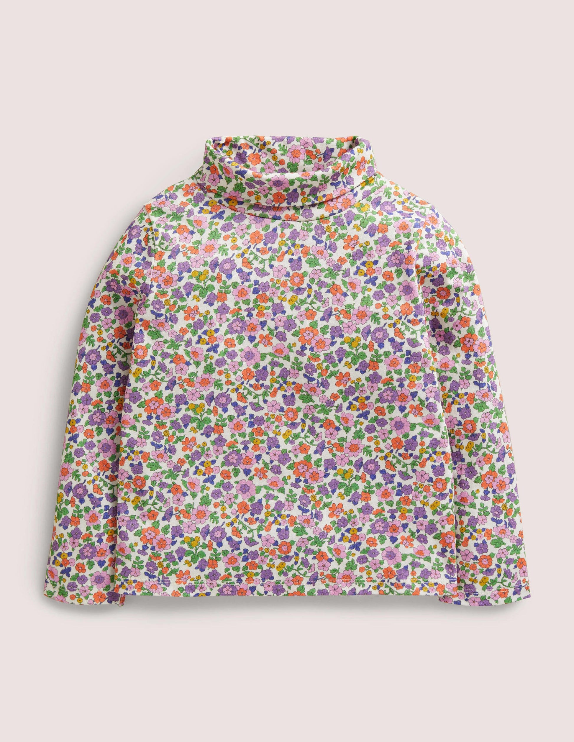 Superweiches Oberteil mit Rollkragen-Naturweiß/Asternviolett, Blumenmuster-1