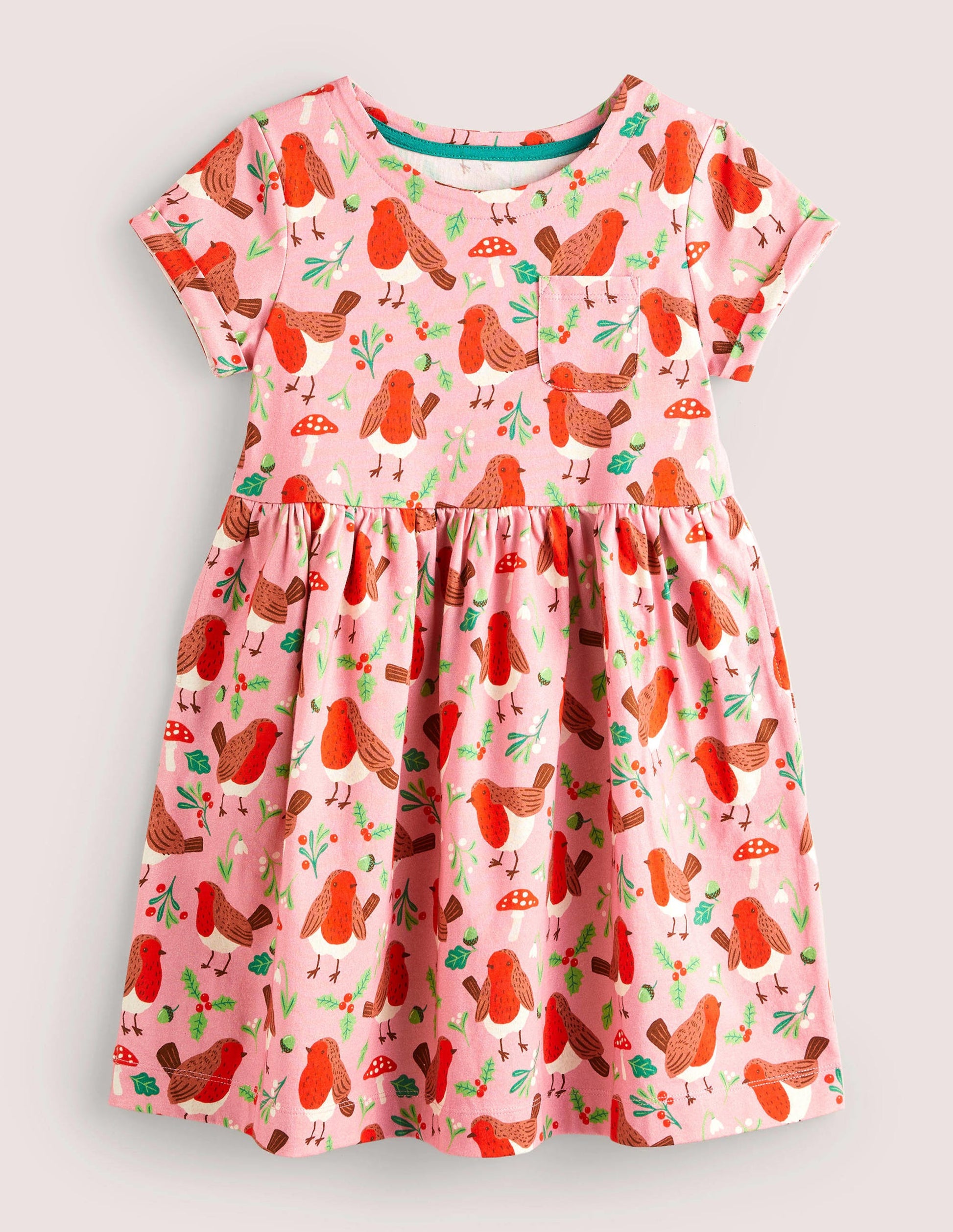 Fröhliches Jerseykleid-Kirschblütenrosa, Weihnachtsrotkehlchen-1