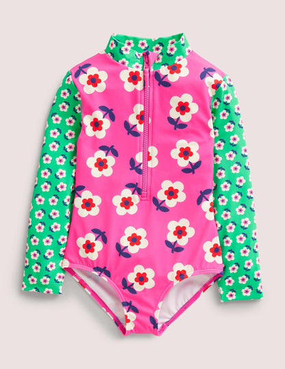 Maillot de bain à manches longues-Pâquerette rose angélique-1