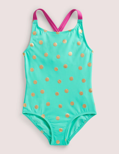 Maillot de bain imprimé croisé dans le dos-Pois dorés métallisés vert clair-1