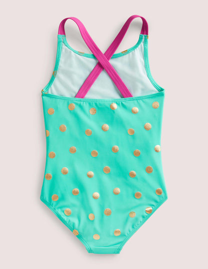 Maillot de bain imprimé croisé dans le dos-Pois dorés métallisés vert clair-2