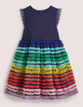 Rainbow Tiered Tulle Party Dress-Segelblau, Regenbogenrüschen