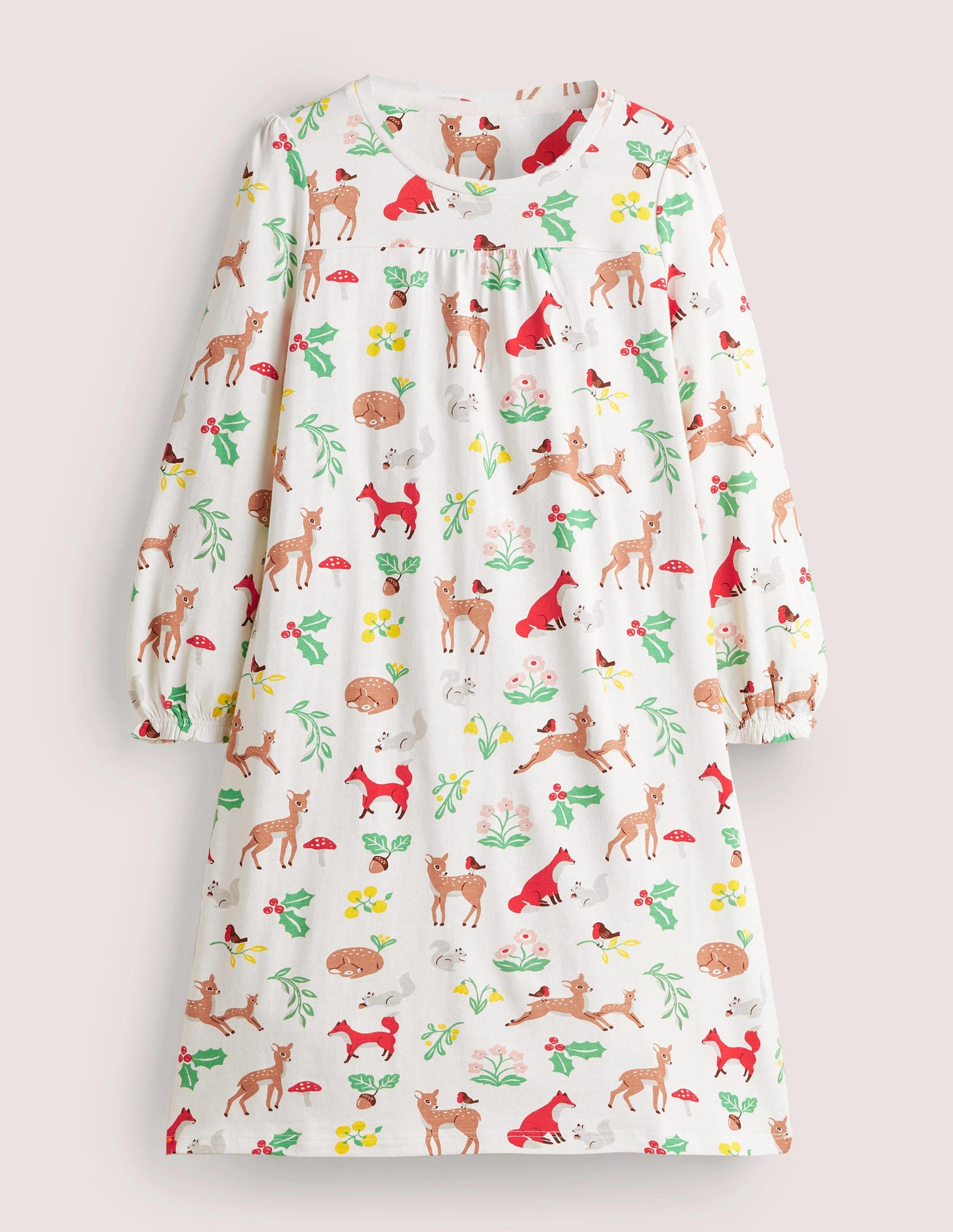Printed Long-sleeved Nightie-Ivory Woodland Christmas-1