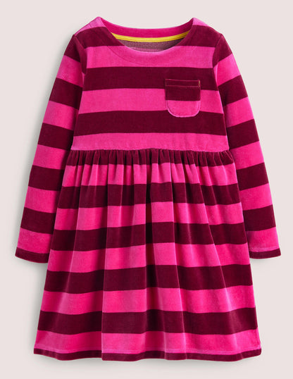 Gestreiftes Velourskleid-Knallpink/Pflaumenviolett