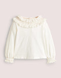 Frill Broderie Jersey Top-Ivory