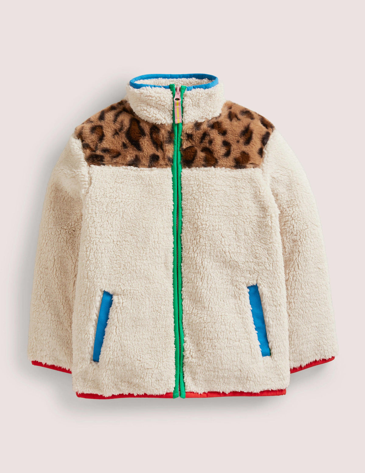 Borg-Jacke-Naturweiß, Leopardenmuster/Blockfarben - Image 1
