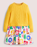 Kleid aus Web- und Strickmix-Ockergelb, Ahorn-/Blumenmuster