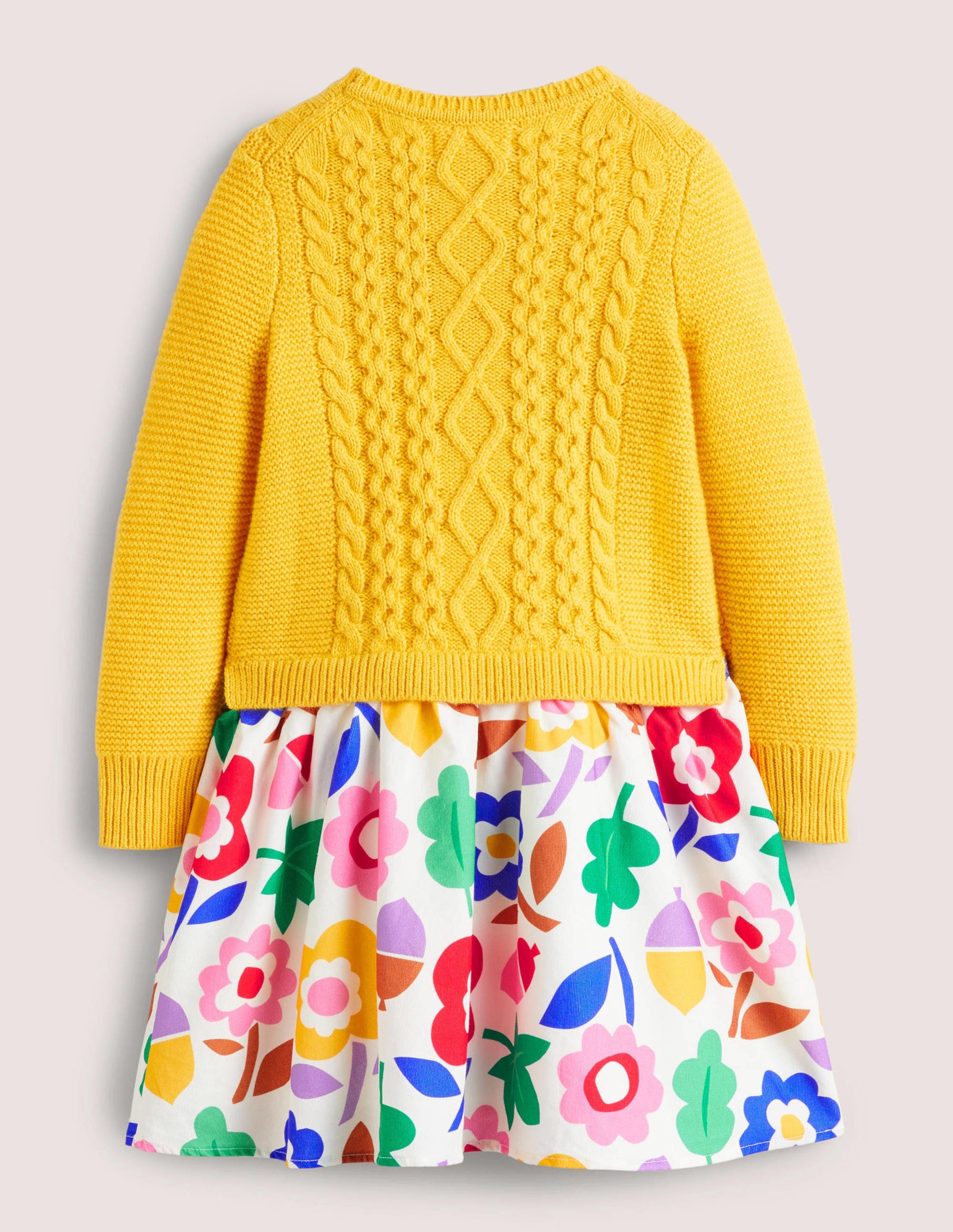 Kleid aus Web- und Strickmix-Ockergelb, Ahorn-/Blumenmuster-2