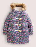Floral Fleece-Lined Hooded Puffer Jacket-Segelblau, Vintage-Blumenmuster