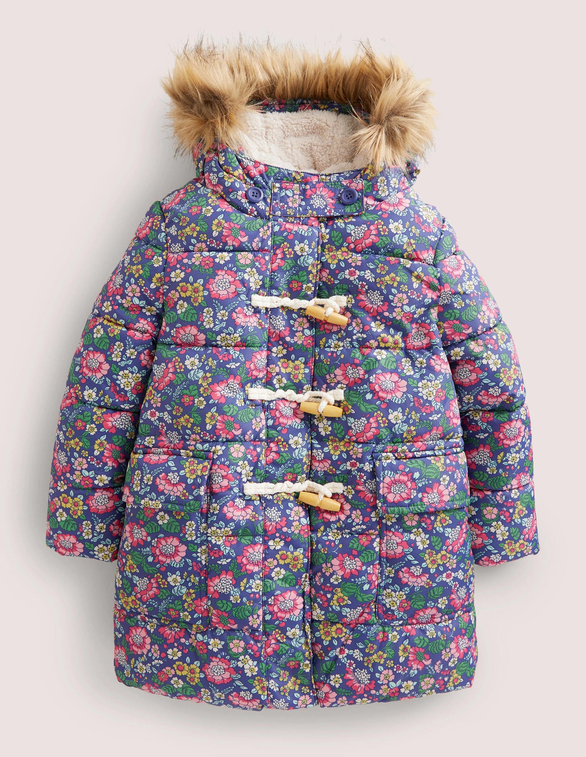 Floral Fleece-Lined Hooded Puffer Jacket-Segelblau, Vintage-Blumenmuster - Image 1