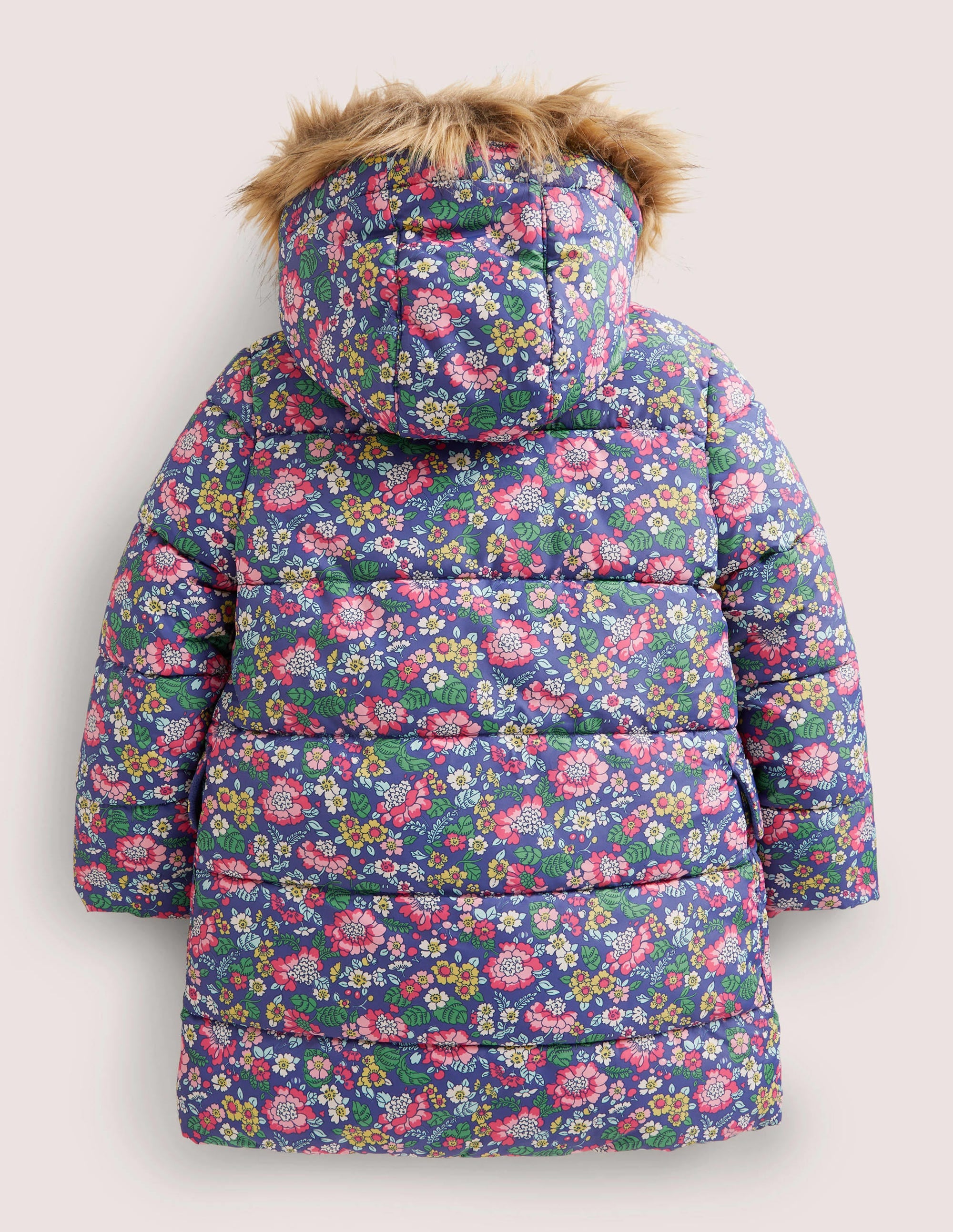 Floral Fleece-Lined Hooded Puffer Jacket-Segelblau, Vintage-Blumenmuster - Image 2