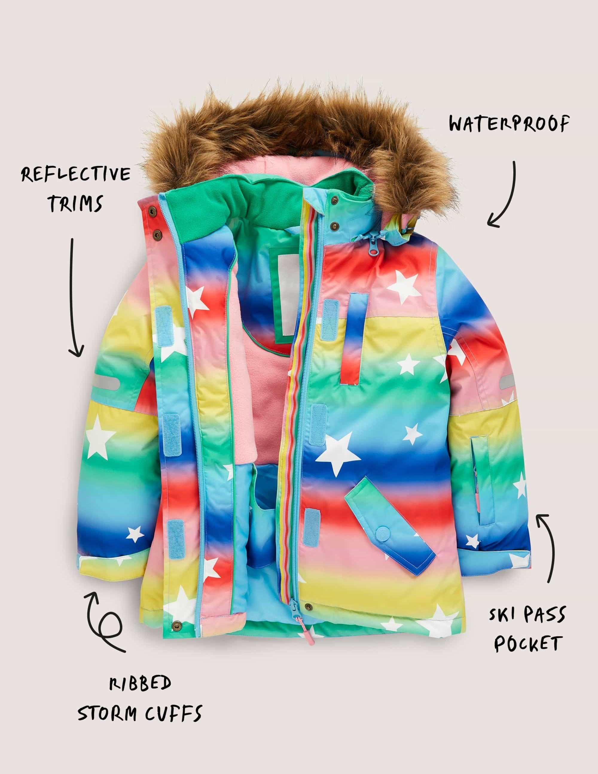 Rainbow Star Print Hooded Waterproof Jacket-Regenbogen/Sterne, Schimmernd - Image 5