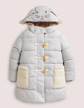 Grey Dotted Bunny Hood Longline Puffer Jacket-Schiefergrau, Pünktchen/Häschen