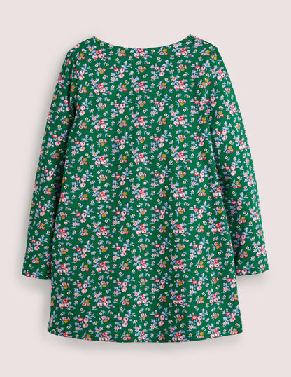 Jersey-Tunika mit Taschen-Waldgrün, Blumenmuster/Rotkehlchen
