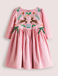 Pink Reindeer Cord Embroidered Party Dress-Renne rose camée