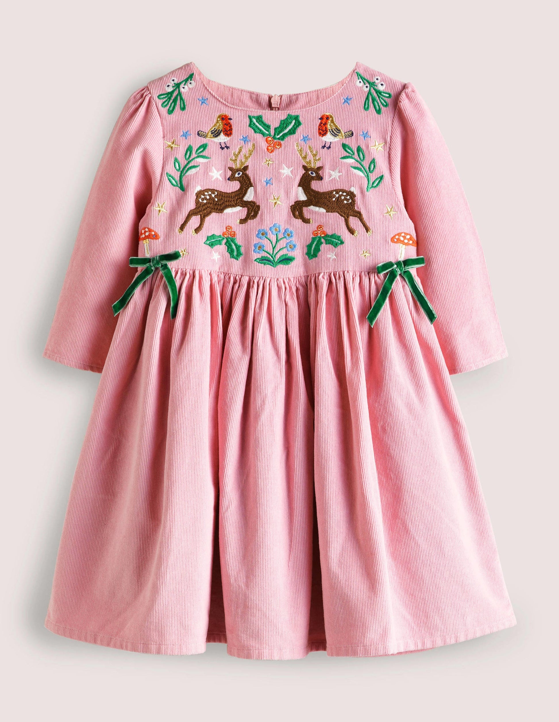 Pink Reindeer Cord Embroidered Party Dress-Renne rose camée-1