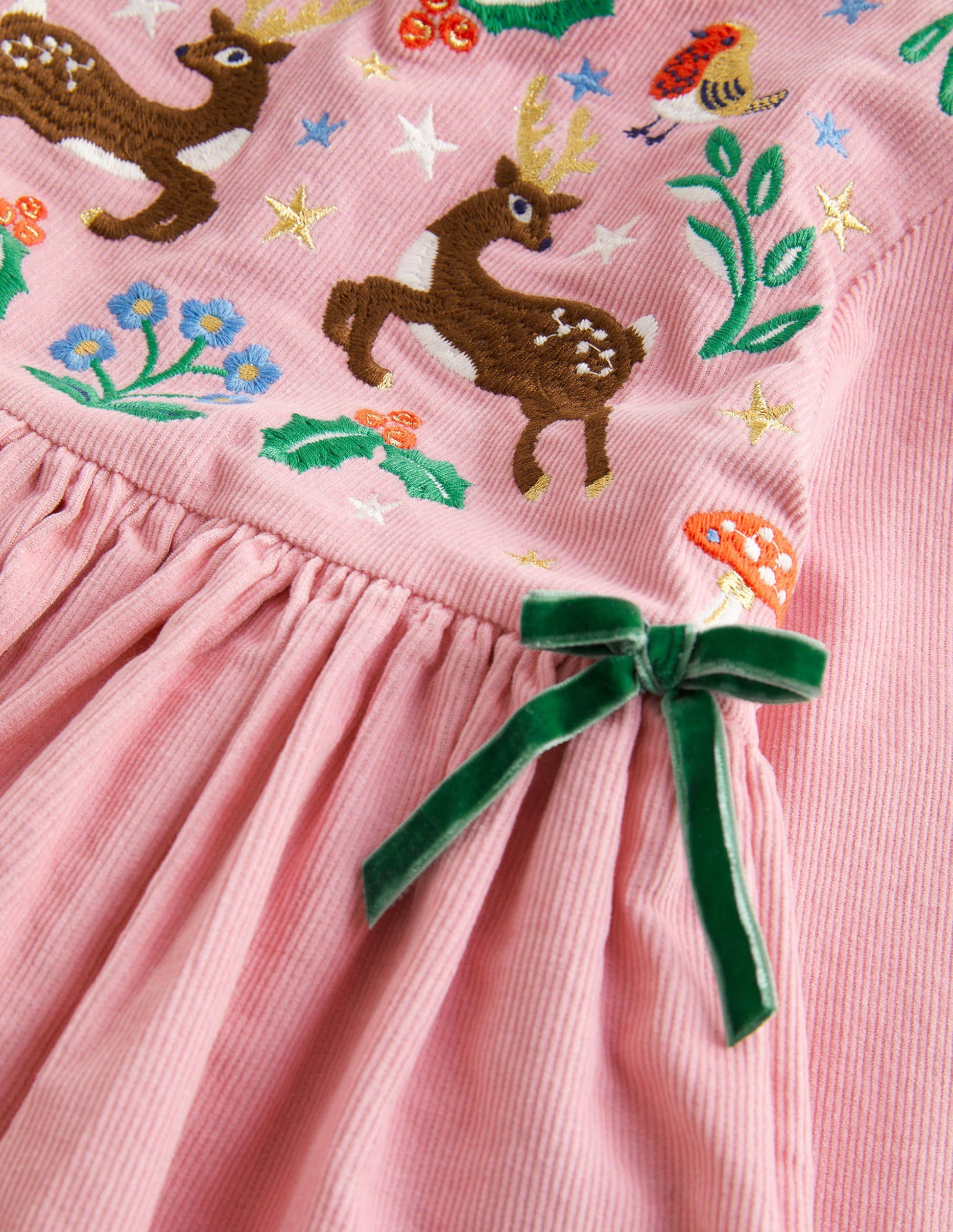 Pink Reindeer Cord Embroidered Party Dress-Renne rose camée-3
