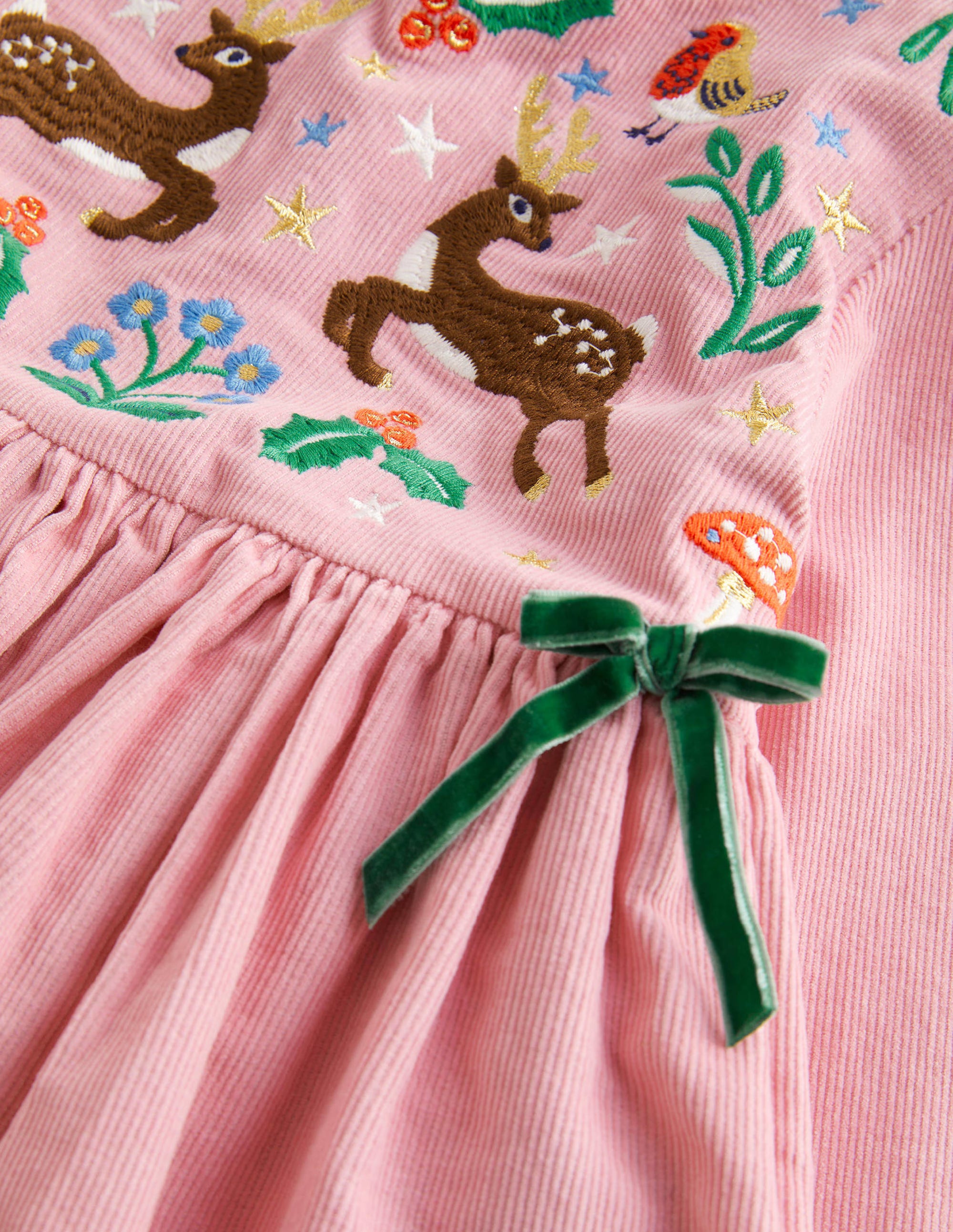 Pink Reindeer Cord Embroidered Party Dress-Renne rose camée - Image 3