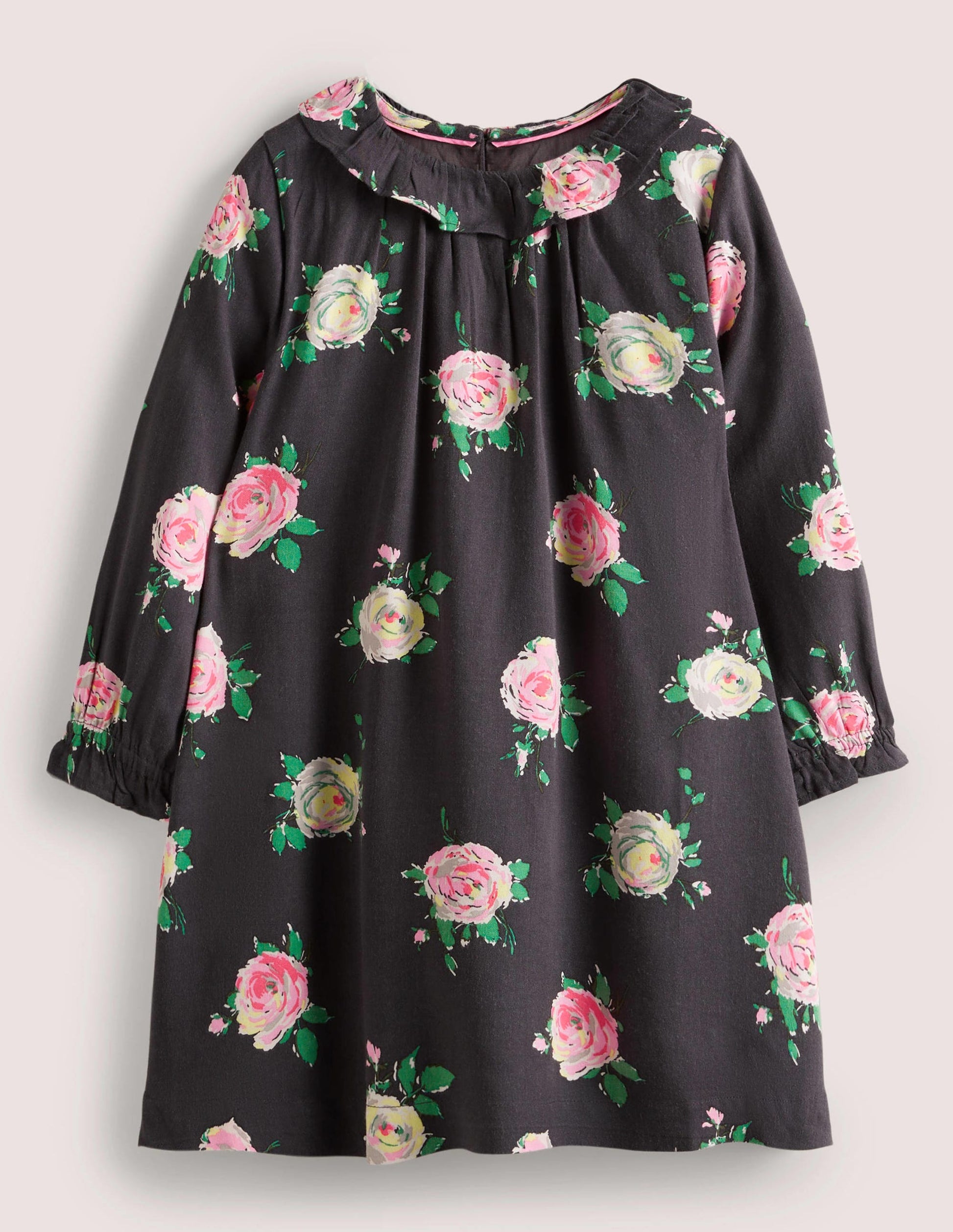 Webkleid mit Lochstickereikragen-Rußgrau, Rosen-1