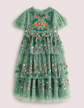 Green Frill Sleeve Tulle Embroidered Party Dress-Zultanitgrün, Weihnachtsmotiv