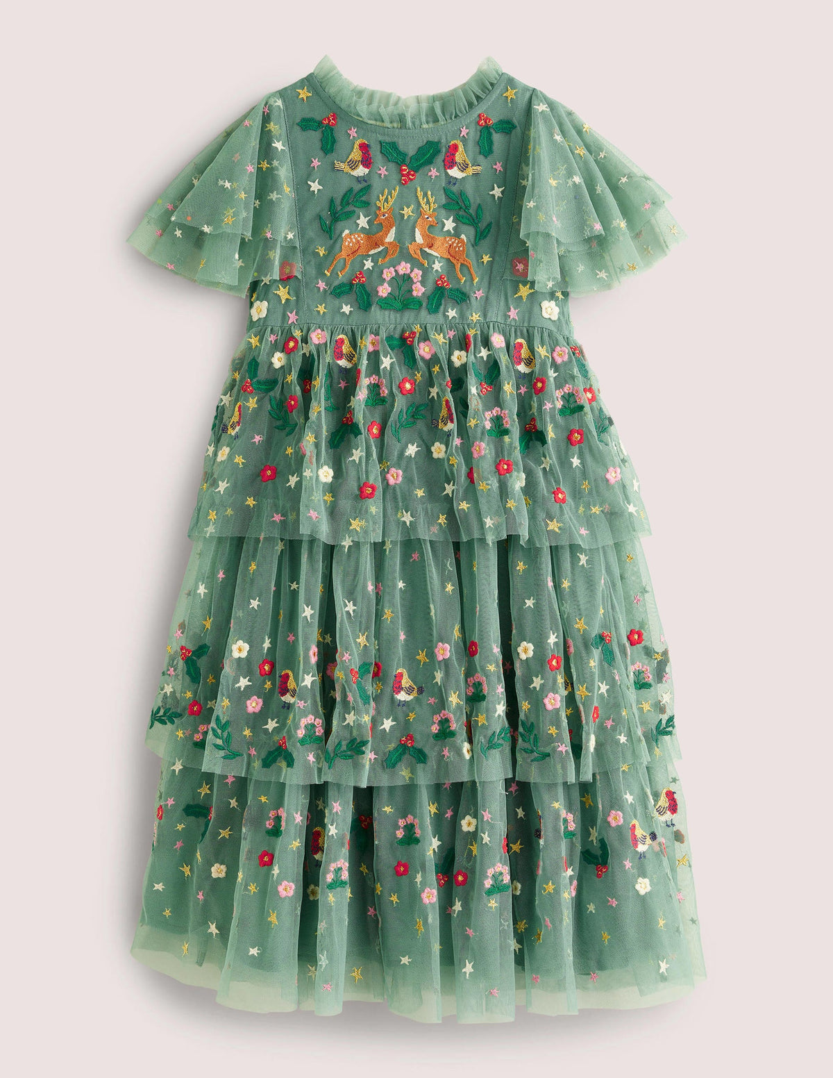 Green Frill Sleeve Tulle Embroidered Party Dress-Zultanitgrün, Weihnachtsmotiv-1