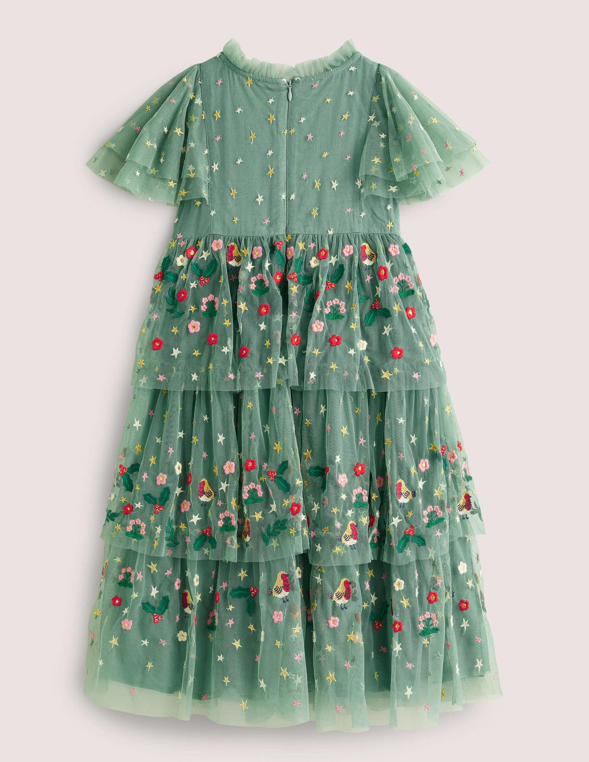 Green Frill Sleeve Tulle Embroidered Party Dress-Zultanitgrün, Weihnachtsmotiv-3