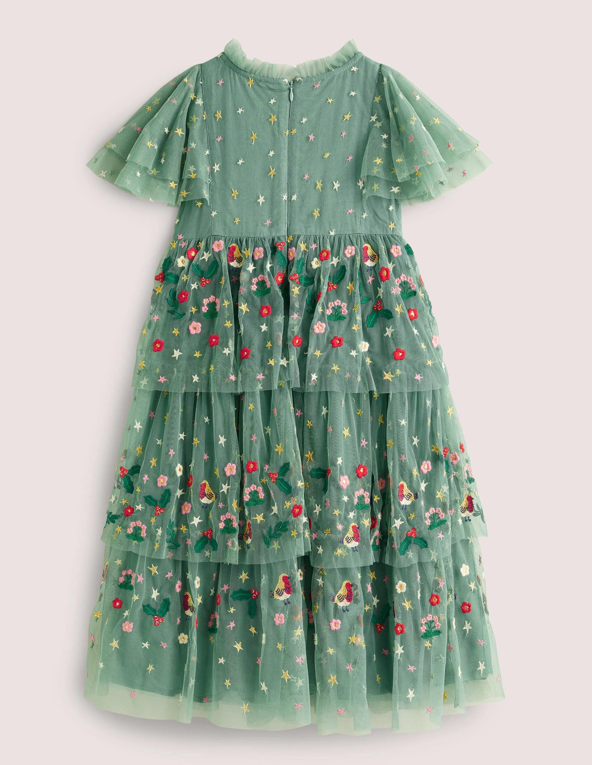 Green Frill Sleeve Tulle Embroidered Party Dress-Zultanitgrün, Weihnachtsmotiv - Image 3