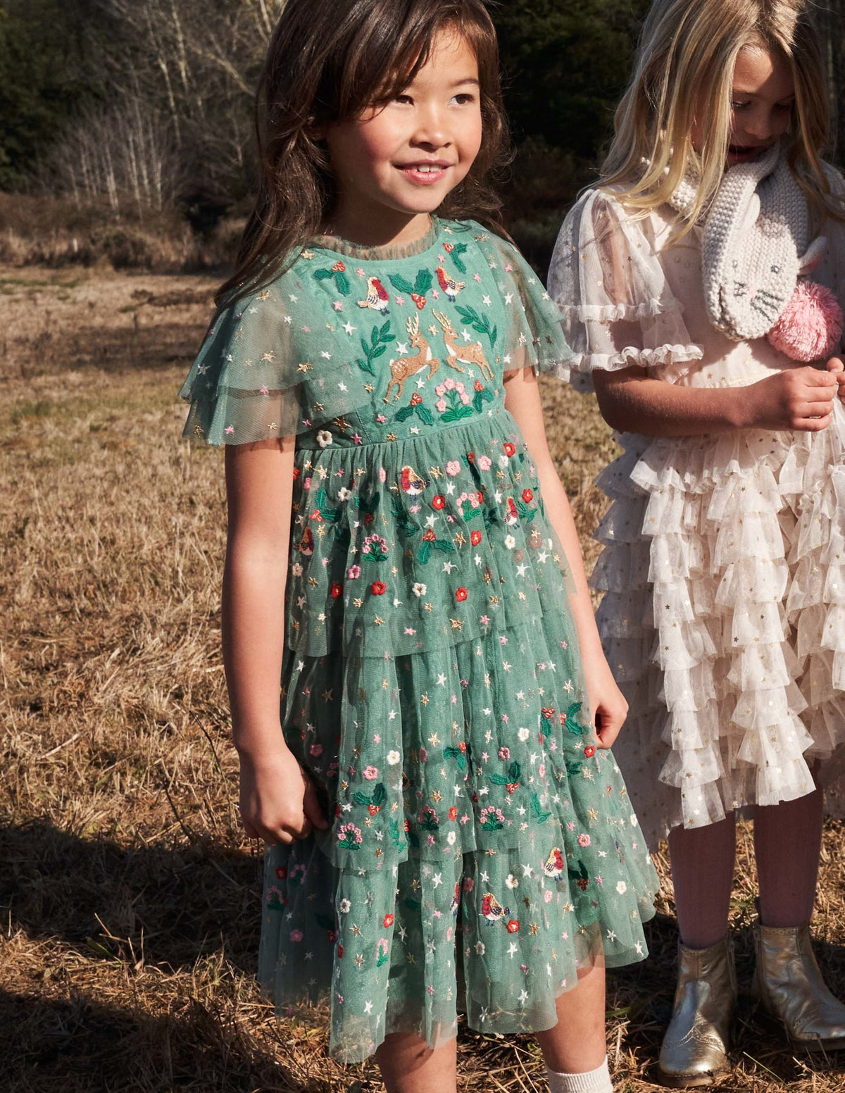 Green Frill Sleeve Tulle Embroidered Party Dress-Zultanitgrün, Weihnachtsmotiv - Image 4