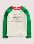 Raglan Festive Printed T-shirt-Ivory/Highland Green