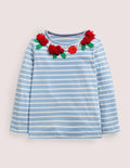 Bretonshirt mit Flatterapplikation-Graublau/Naturweiß, Blumenmuster
