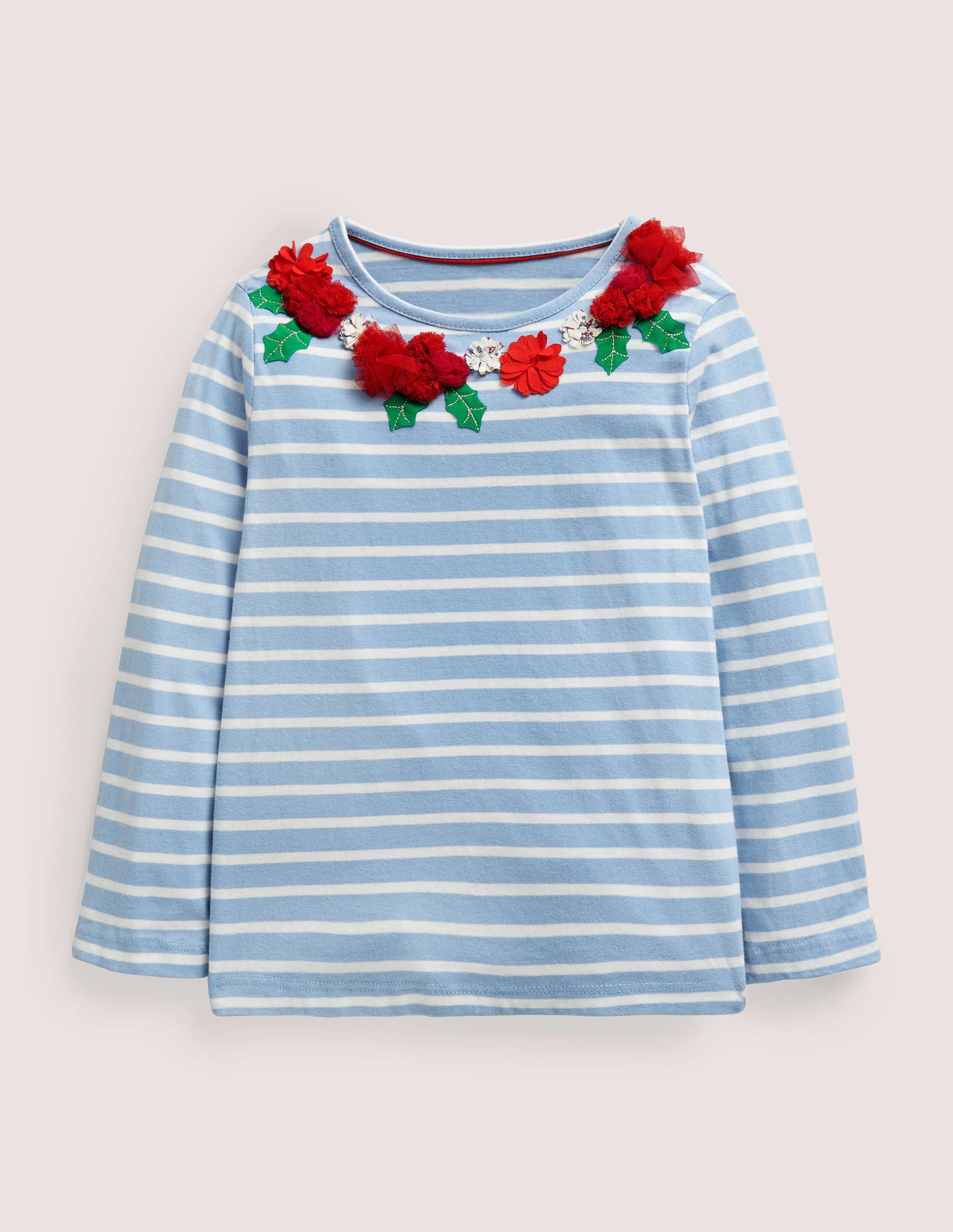 Bretonshirt mit Flatterapplikation-Graublau/Naturweiß, Blumenmuster - Image 1