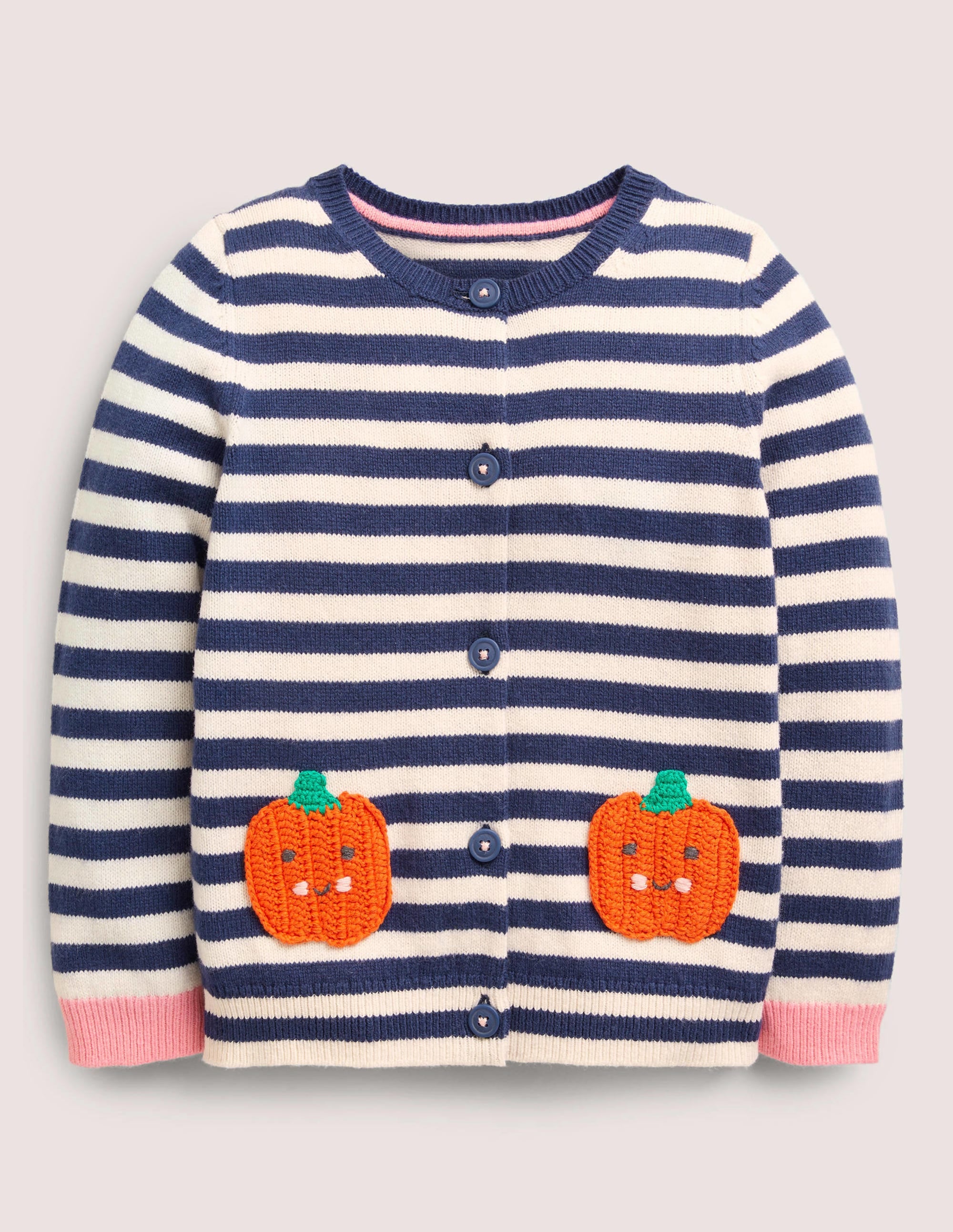 Navy Stripe Pumpkin Pockets Halloween Cardigan-Navy/Naturweiß, Kürbisse - Image 1