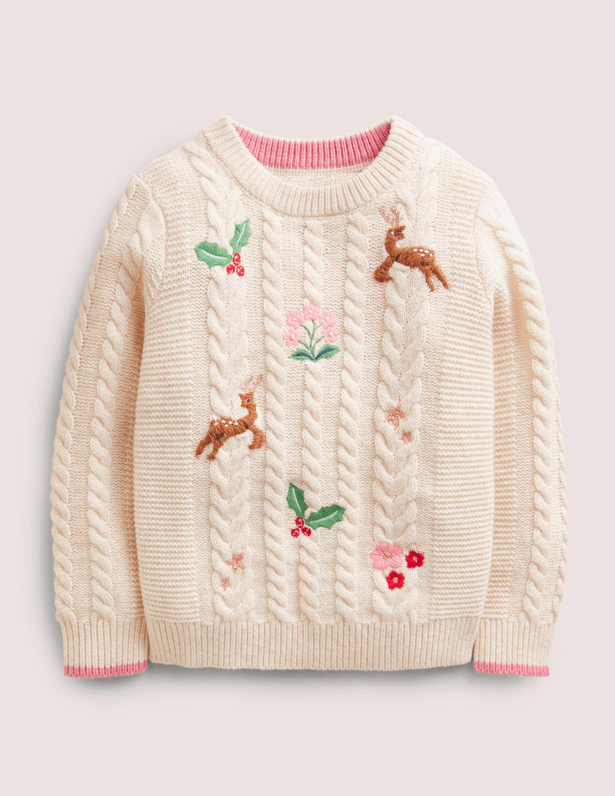Embroidered Cable Knit Jumper-Ecru Marl Embroidery - Image 1
