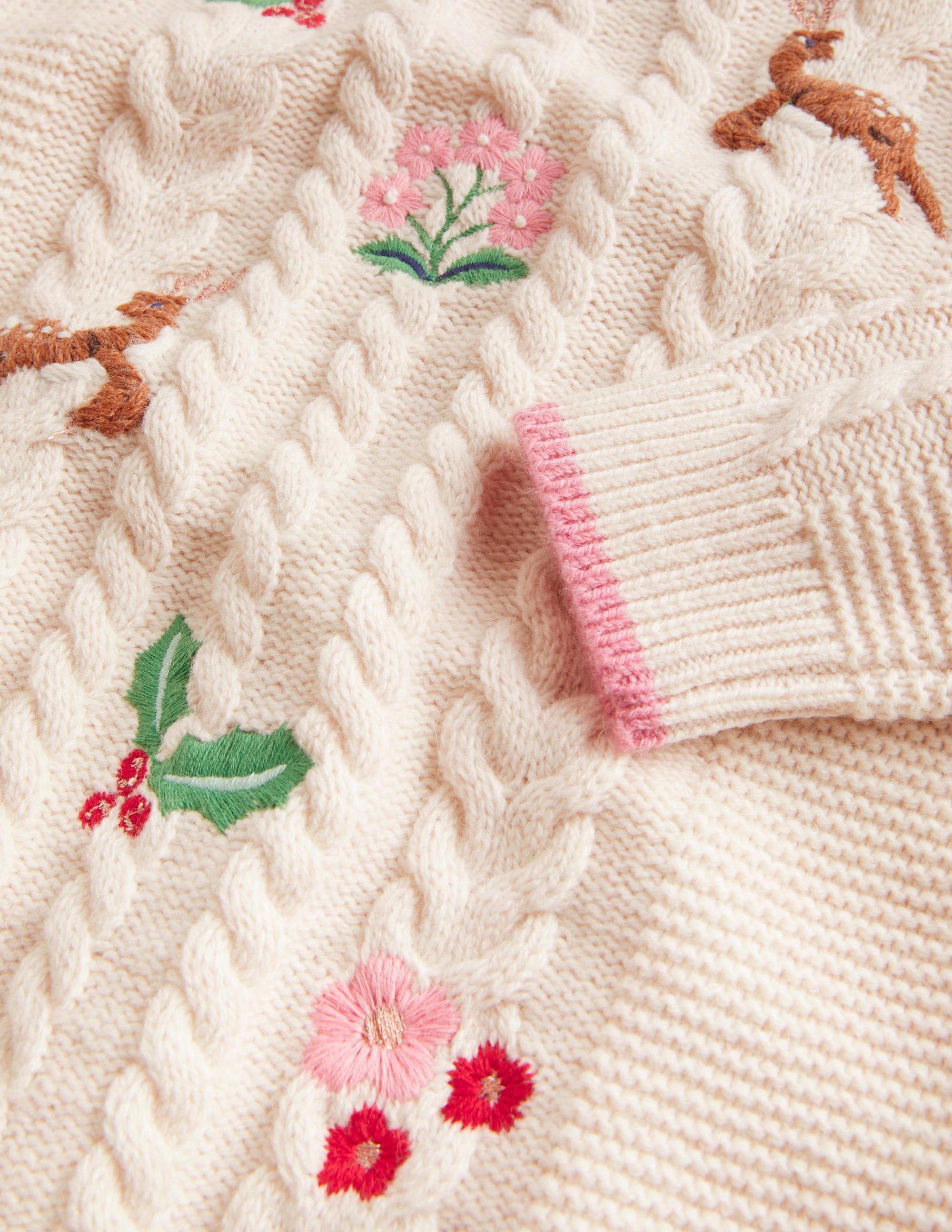 Embroidered Cable Knit Jumper-Ecru Marl Embroidery - Image 3