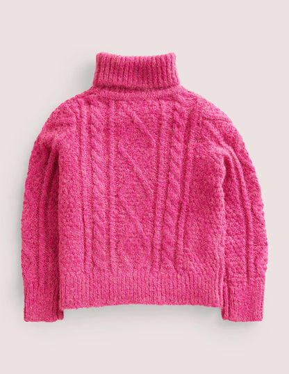 Zopfstrickpullover mit Rollkragen-Knallpink, Zopfmuster