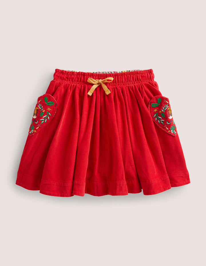 Embroidered Woven Twirly Skirt-Rockabilly Red Embroidery