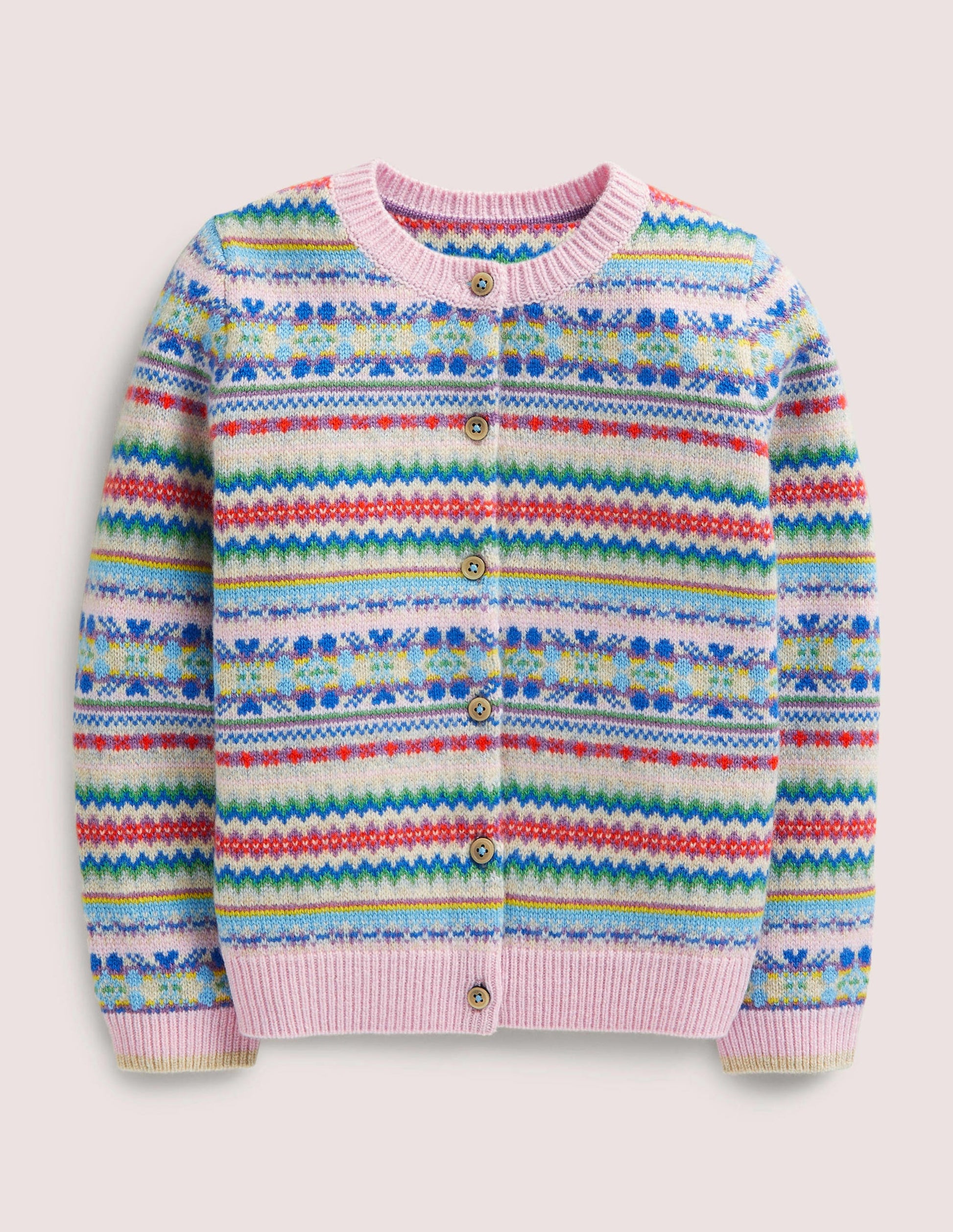 Pink Fair Isle Cashmere Cardigan-Delfinrosa, Buntes Fair-Isle-Muster-1