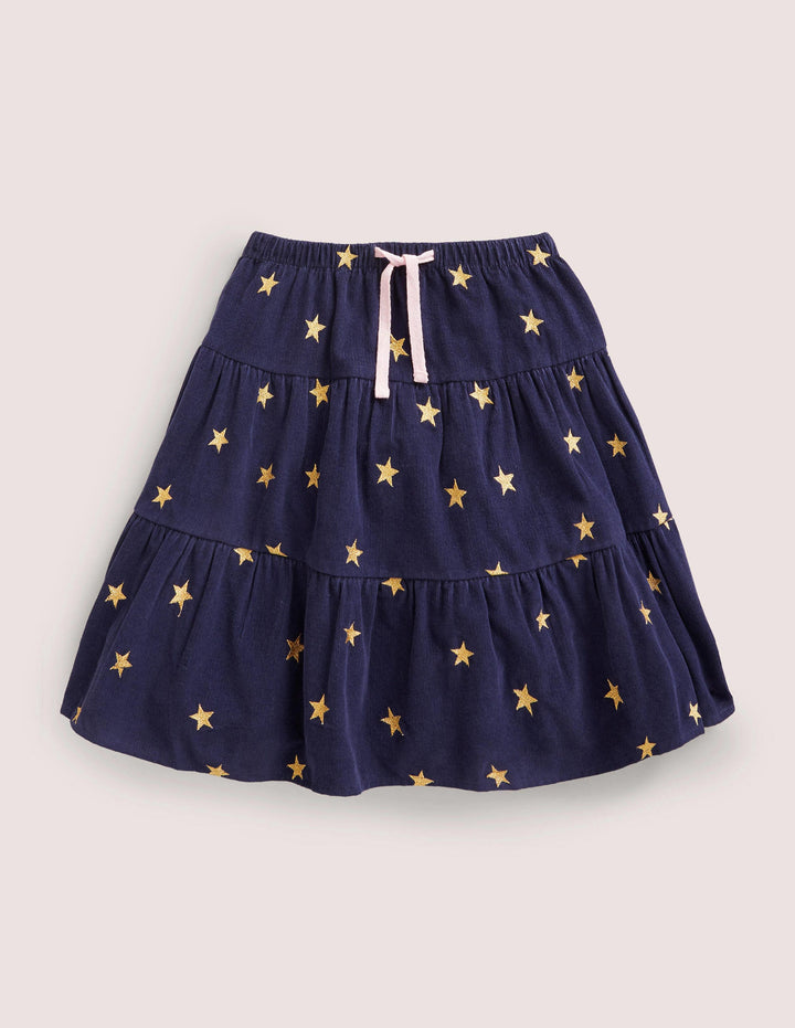 Embroidered Twirly Midi Skirt-College Navy Stars