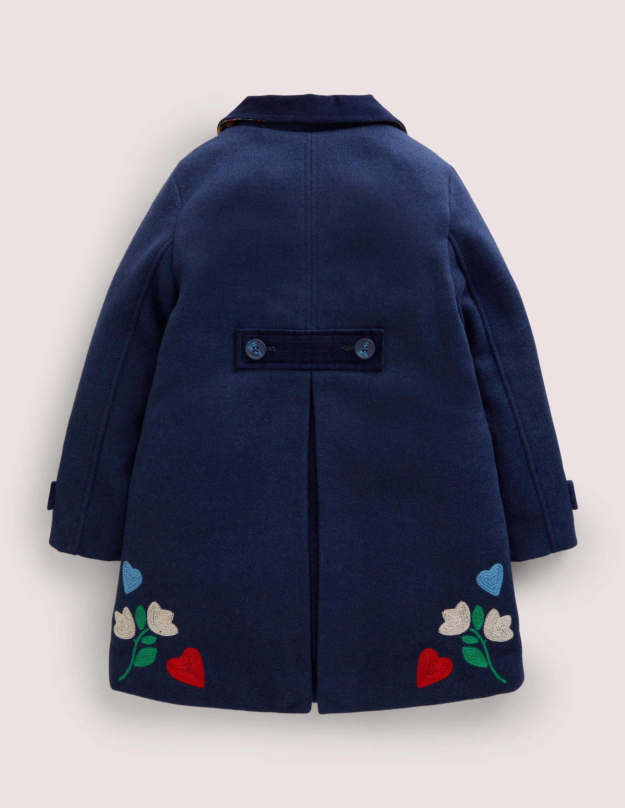 Navy Floral Hearts Embroidered Wool Coat-College Navy Folk Embroidery - Image 2