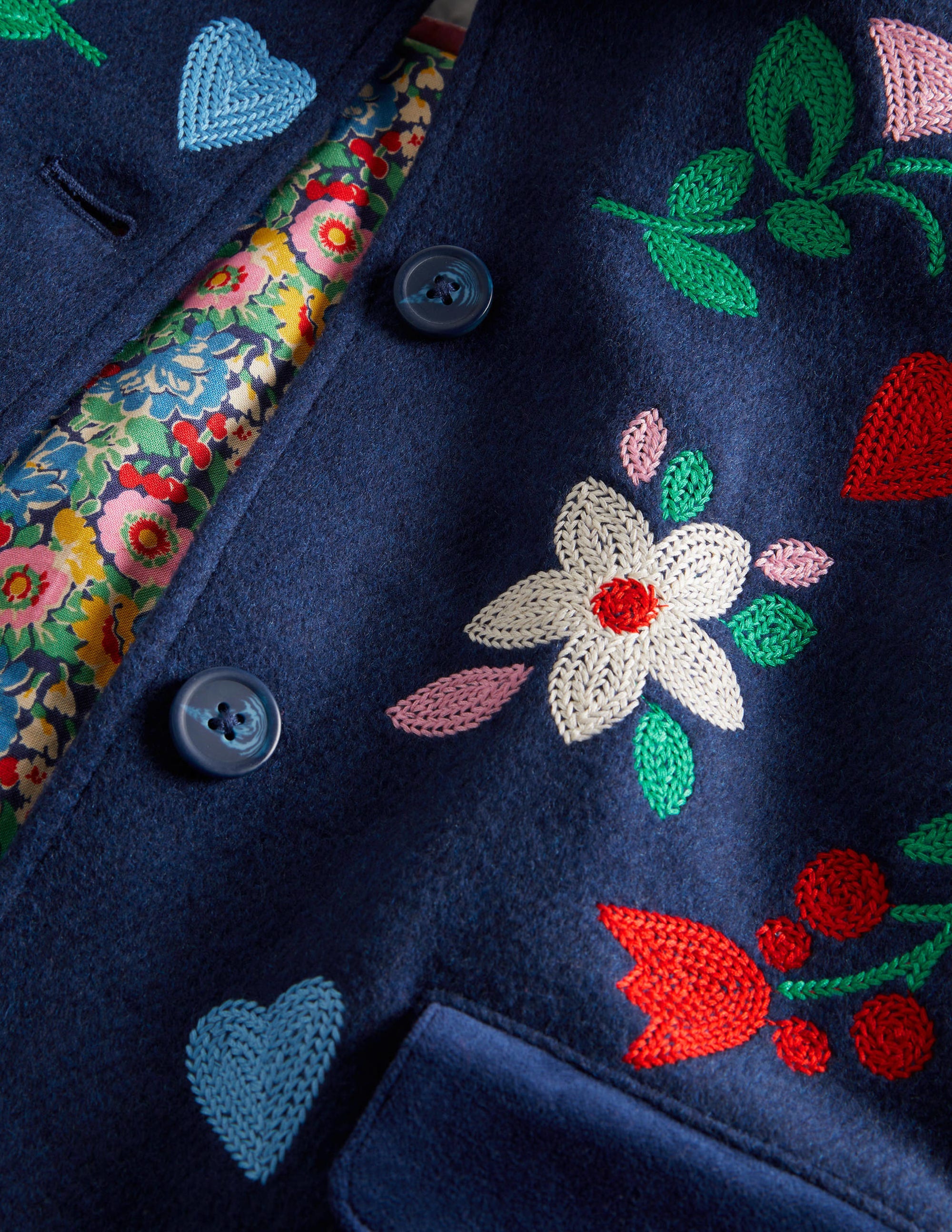 Navy Floral Hearts Embroidered Wool Coat-College Navy Folk Embroidery - Image 3