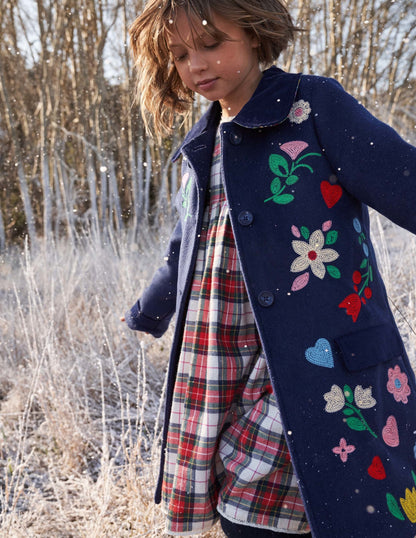 Navy Floral Hearts Embroidered Wool Coat-Schuluniform-Navy, Folklorestickerei-1