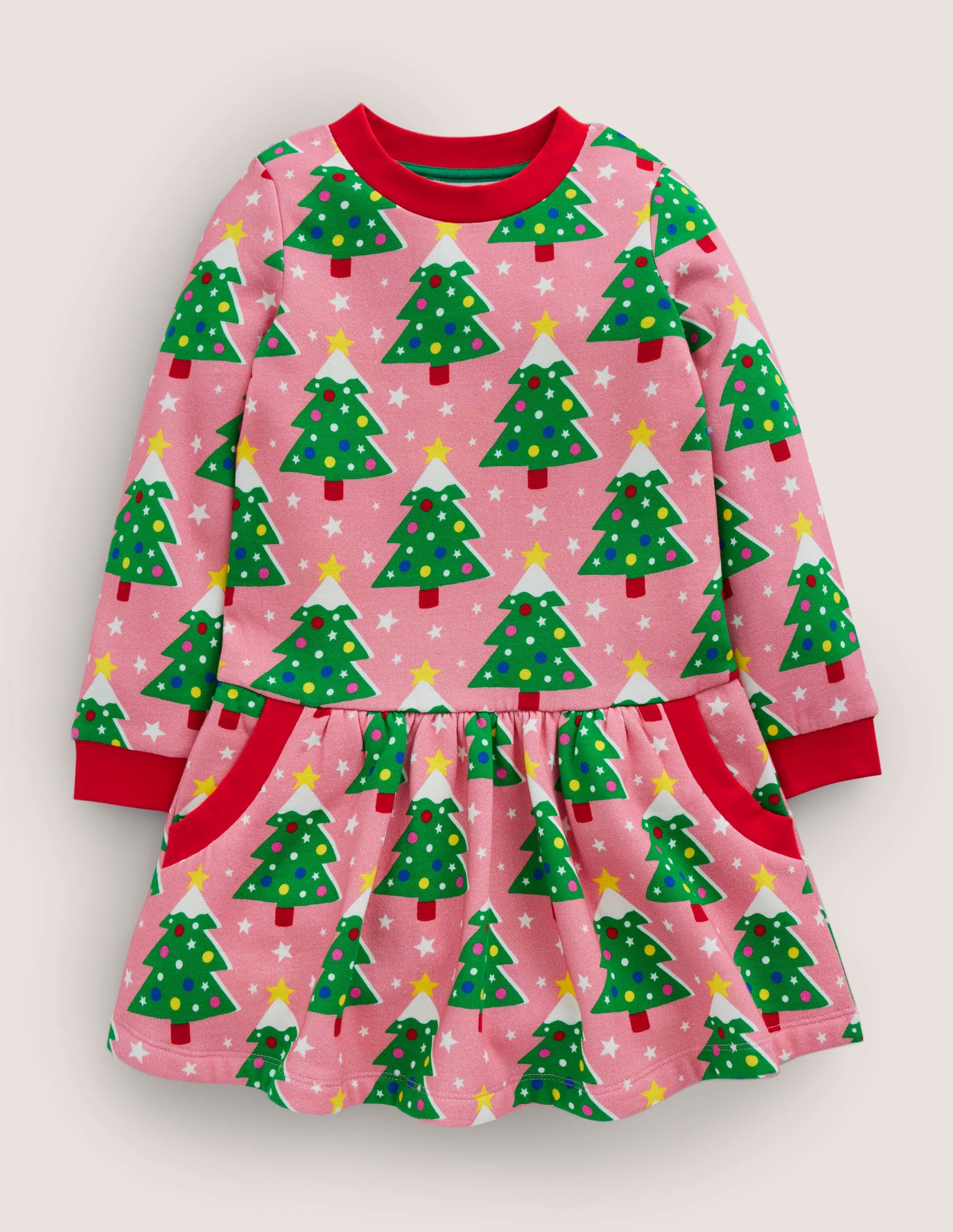 Gemütliches Sweatshirt-Kleid mit Muster-Kirschblütenrosa, Weihnachtsbäume-1
