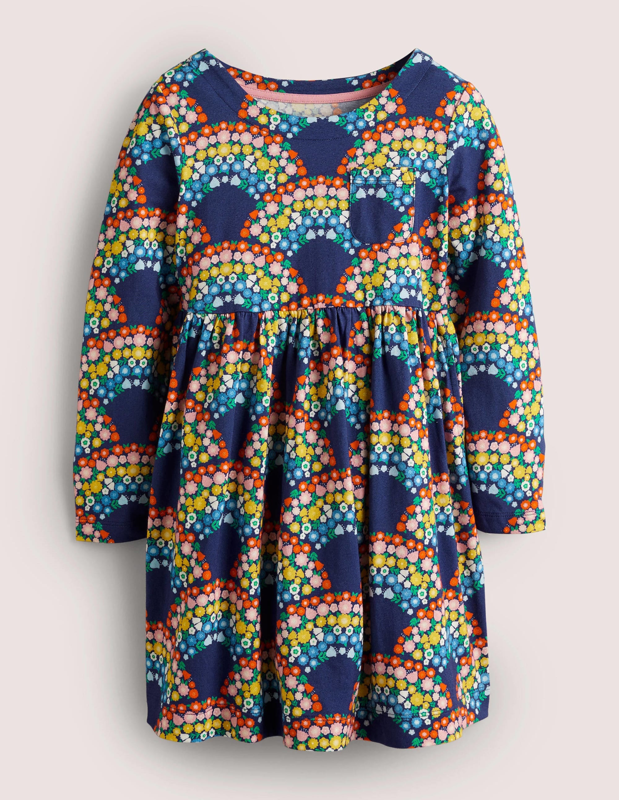 Rainbow Floral Jersey Long-Sleeve Dress-Segelblau, Regenbogenblumen - Image 1