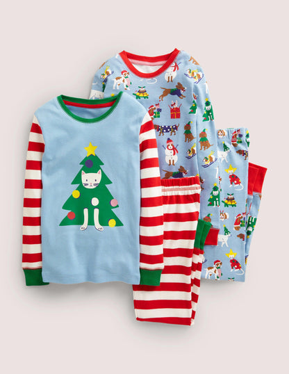 Langer Schlafanzug im 2er-Pack-Graublau, Festliche Tiere-1